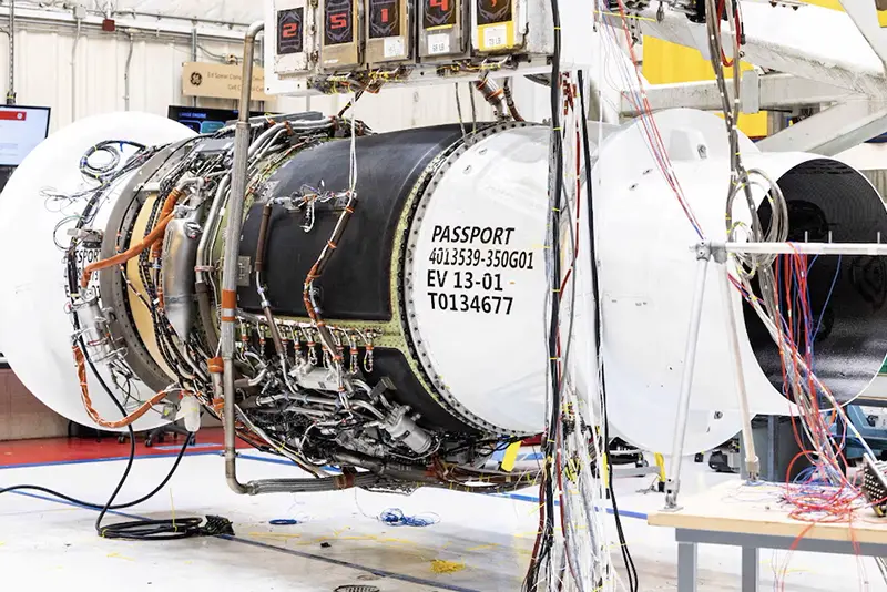 An engine being tested by GE Aerospace as part of a technology demonstrator project for hybrid electric engines for future single-aisle jets is seen in this undated handout image obtained by Reuters on June 18, 2024. GE Aerospace/Handout via REUTERS