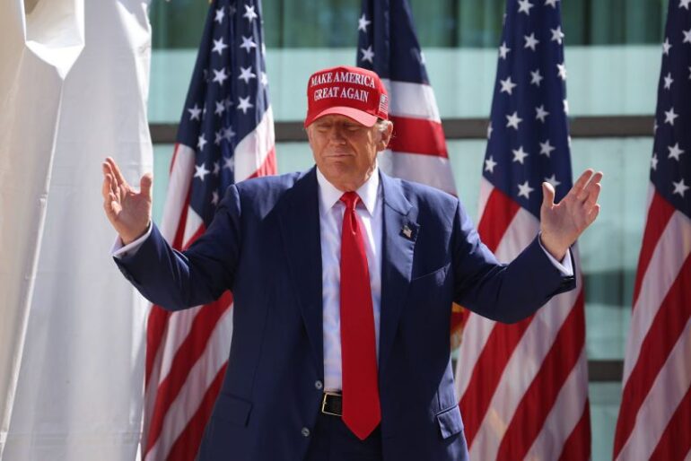 RACINE, WISCONSIN - JUNE 18: Republican presidential candidate former President Donald Trump arrives for a rally at Festival Park on June 18, 2024 in Racine, Wisconsin. This is Trump's third visit to Wisconsin, a key swing state in 2024. (Photo by Scott Olson/Getty Images)