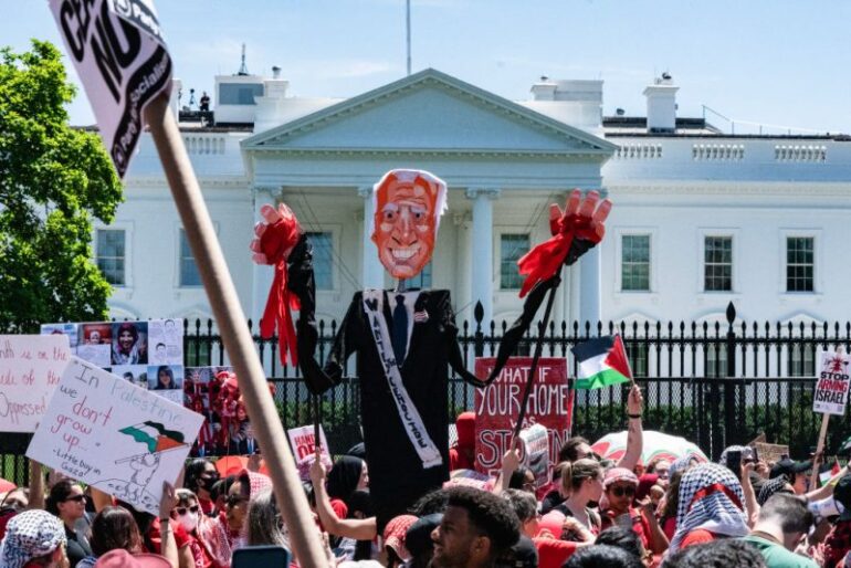 Pro-Palestinian demonstrators rally outside the White House in Washington, DC, on June 8, 2024 to protest against Israel's actions in Gaza. (Photo by andrew thomas / AFP) (Photo by ANDREW THOMAS/AFP via Getty Images)