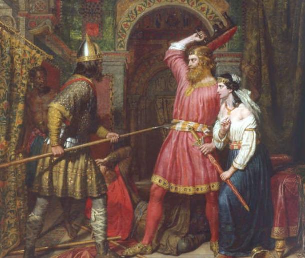 Alboin is killed by Peredeo while Rosamund steals his sword, in a 19th-century painting by Charles Landseer