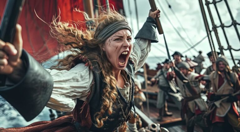 Female Captain Pirate, representing Grace O’Malley, screams to attack.