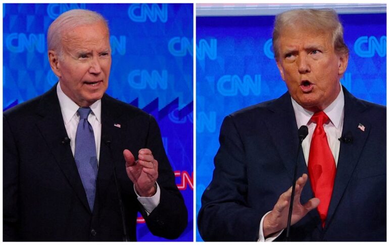 Thursday's debate between President Joe Biden (left) and former President Donald Trump (right) impacted the stock price of Trump Media and Technology Group.