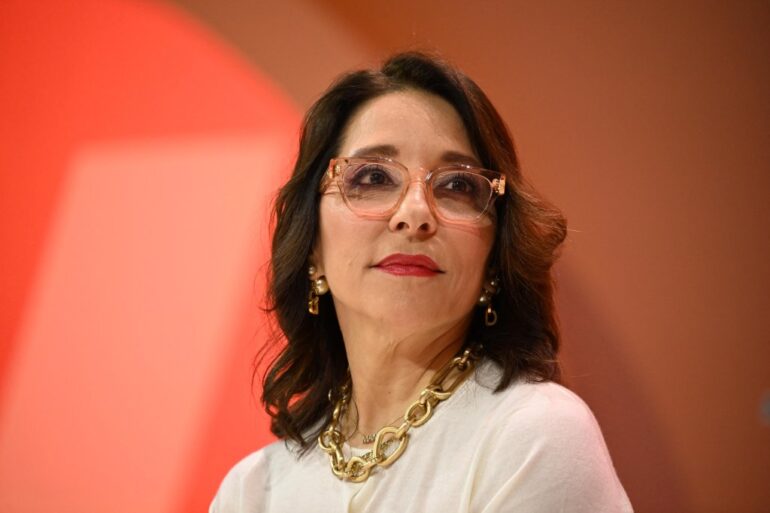 Linda Yaccarino, CEO of company X, at the Vivatech technology fair in Paris on May 24, 2024, wearing glasses and a white shirt