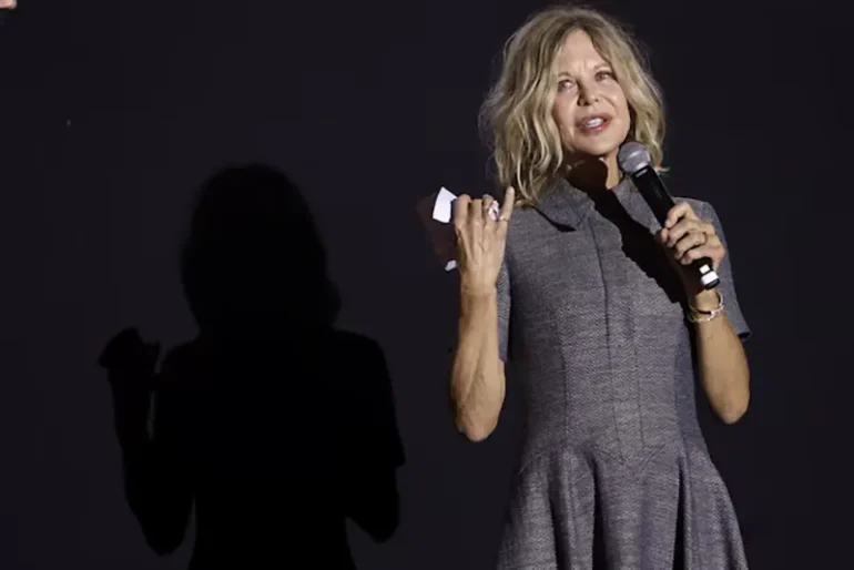 Meg Ryan speaks as she receives the Honorary Heart of Sarajevo Award at the Sarajevo Film Festival, in Sarajevo, Bosnia and Herzegovina, August 20, 2024. REUTERS/Amel Emric