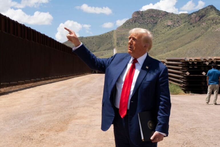 SIERRA VISTA, ARIZONA - AUGUST 22: Republican Presidential Candidate and former President Donald Trump walks along the U.S.-Mexico border on August 22, 2024 south of Sierra Vista, Arizona. Trump will hold a rally in Glendale, Arizona tomorrow. (Photo by Rebecca Noble/Getty Images)