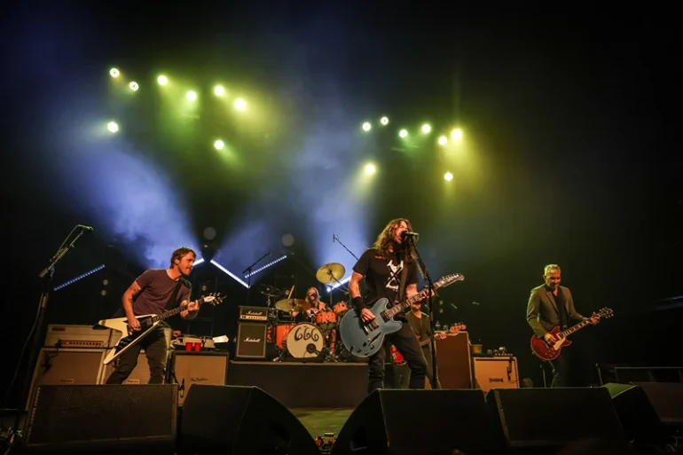  Chris Shiflett, Taylor Hawkins, Dave Grohl, Nate Mendel and Pat Smear of Foo Fighters performs onstage at the after party for the Los Angeles premiere of "Studio 666" at the Fonda Theatre on February 16, 2022 in Hollywood, California. (Photo by Rich Fury/Getty Images)