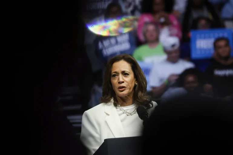 Democratic presidential candidate US Vice President Kamala Harris speaks at a campaign rally at Enmarket Arena during a two-day campaign bus tour in Savannah, Georgia, on August 29, 2024. (Photo by CHRISTIAN MONTERROSA / AFP) (Photo by CHRISTIAN MONTERROSA/AFP via Getty Images)