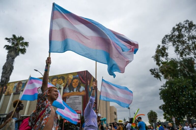 People wave a Transgender Pride flag as they attend the 2023 LA Pride Parade on June 11, 2023 in Hollywood, California. The LA Pride Parade marks the last day of the three-day Los Angeles celebration of lesbian, gay, bisexual, transgender, and queer (LGBTQ) social and self-acceptance, achievements, legal rights, and pride. (Photo by Robyn Beck / AFP) (Photo by ROBYN BECK/AFP via Getty Images)