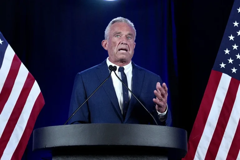 Independent presidential candidate Robert F. Kennedy Jr. speaks in Phoenix, Arizona, August 23, 2024. Robert F. Kennedy Jr, scion of America's storied political clan, suspended his long shot presidential bid on August 23, 2024 and endorsed Donald Trump, injecting a new dose of uncertainty into the White House race. (Photo by Olivier Touron / AFP) (Photo by OLIVIER TOURON/AFP via Getty Images)