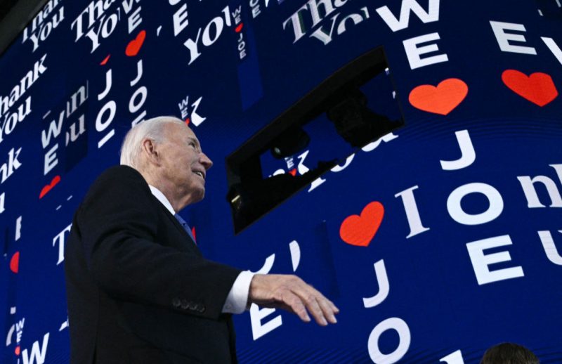 US President Joe Biden walks off stage after speaking on the first day of the Democratic National Convention (DNC) at the United Center in Chicago, Illinois, on August 19, 2024. Vice President Kamala Harris will formally accept the party's nomination for president at the DNC which runs from August 19-22 in Chicago. (Photo by Brendan SMIALOWSKI / AFP) (Photo by BRENDAN SMIALOWSKI/AFP via Getty Images)