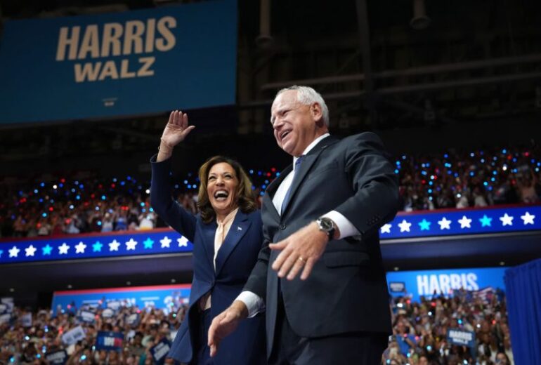 PHILADELPHIA, PENNSYLVANIA - AUGUST 6: Democratic presidential candidate, U.S. Vice President Kamala Harris and Democratic vice presidential candidate Minnesota Gov. Tim Walz appear on stage together during a campaign event at the Liacouras Center at Temple University on August 6, 2024 in Philadelphia, Pennsylvania. Harris ended weeks of speculation about who her running mate would be, selecting the 60 year old midwestern governor over other candidates. (Photo by Andrew Harnik/Getty Images)