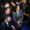 US broadcaster David Muir (L) and US broadcaster Linsey Davis (R) pose for pictures with ABC News crew members at the end of a presidential debate with US Vice President and Democratic presidential candidate Kamala Harris and former US President and Republican presidential candidate Donald Trump at the National Constitution Center in Philadelphia, Pennsylvania, on September 10, 2024. (Photo by SAUL LOEB / AFP) (Photo by SAUL LOEB/AFP via Getty Images)