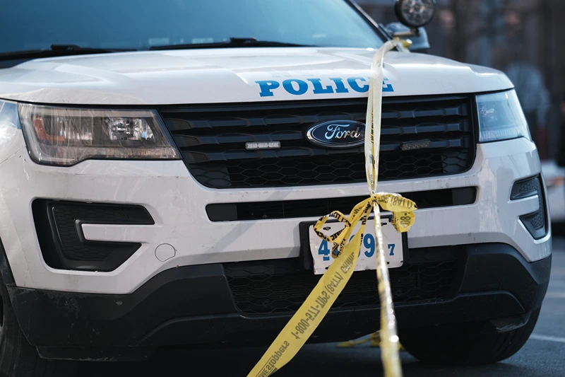 Police gather at the scene in Harlem where two New York City police officers were shot last night after responding to a domestic call on January 22, 2022 in New York City. One of the officers, Jason Rivera, was killed while a second officer is in critical condition. The incident follows a series of high profile shootings in New York City over the past few weeks. (Photo by Spencer Platt/Getty Images)