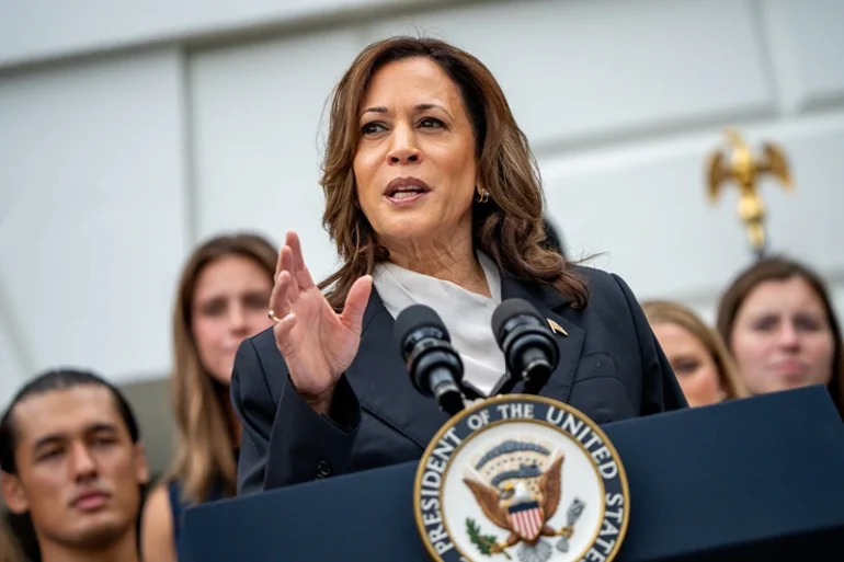 U.S. Vice President Kamala Harris speaks during an NCAA championship teams celebration on the South Lawn of the White House on July 22, 2024 in Washington, DC. U.S. President Joe Biden abandoned his campaign for a second term after weeks of pressure from fellow Democrats to withdraw and just months ahead of the November election, throwing his support behind Harris. (Photo by Andrew Harnik/Getty Images)