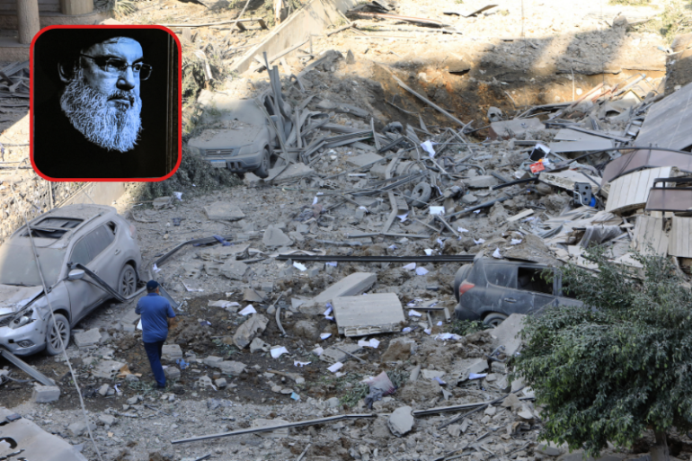 B| A man inspects the massive damage on September 28, 2024 in the Hadath neighbourhood of Beirut's southern suburbs in the aftermath of overnight Israeli airstrikes on the outskirts of the Lebanese capital. Israeli fighter jets bombarded the southern suburbs of Beirut overnight into September 28, sending panicked families fleeing massive strikes that were reportedly targeting Hezbollah chief Hassan Nasrallah. (Photo by AFP) (Photo by -/AFP via Getty Images) F| An image of the late leader of Hezbollah Hassan Nasrallah with a black stripe for mourning is displayed on a television set airing a broadcast from the private Lebanese station NBN in Beirut on September 28, 2024. Lebanon's Iran-backed Hezbollah group confirmed on September 28, 2024 that its leader Hassan Nasrallah had been killed, after Israel said it had "eliminated" him in a strike on south Beirut a day earlier. (Photo by JOSEPH EID / AFP) (Photo by JOSEPH EID/AFP via Getty Images)