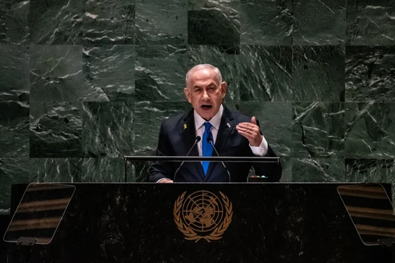 NEW YORK, NEW YORK - SEPTEMBER 27: Israeli Prime Minister Benjamin Netanyahu speaks during the United Nations General Assembly (UNGA) at the United Nations headquarters on September 27, 2024 in New York City. World leaders convened for the General Assembly as the world continues to experience major wars in Gaza, Ukraine, and Sudan, along with a threat of a larger conflict in the Middle East. (Photo by Stephanie Keith/Getty Images)