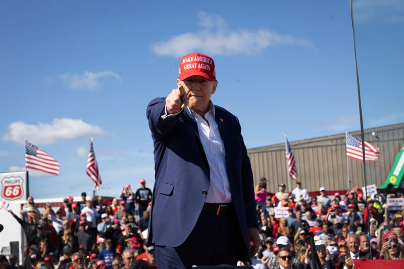 MOSINEE, WISCONSIN - SEPTEMBER 07: Republican presidential nominee former President Donald Trump departs a campaign event at the Central Wisconsin Airport on September 07, 2024 in Mosinee, Wisconsin. A recent poll has Trump trailing Democratic nominee Vice President Kamala Harris in the battleground state. (Photo by Scott Olson/Getty Images)