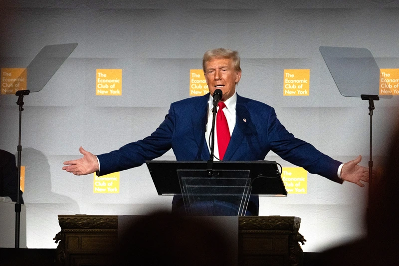 Former US President and Republican presidential candidate Donald Trump speaks at the Economic Club of New York on September 5, 2024. Trump announced during his speech that if elected president he would appoint Tesla CEO Elon Musk to lead an audit of government spending and implement "drastic" reform. Trump said at Musk's suggestion, he would "create a government efficiency commission tasked with conducting a complete financial and performance audit of the entire federal government," with musk as its chief. (Photo by David Dee Delgado / AFP) (Photo by DAVID DEE DELGADO/AFP via Getty Images)