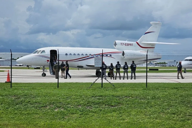 Venezuelan President Nicolas Maduro's aircraft, a Dassault Falcon 900EX private jet, after being seized by US law enforcement officials is seen in Fort Lauderdale, Florida. United States officials moved to take the aircraft, a Dassault Falcon 900EX private jet used by Maduro and members of his government, with the Justice Department saying the jet was "illegally purchased." (Photo by Miguel GUTIERREZ / AFP) (Photo by MIGUEL GUTIERREZ/AFP via Getty Images)