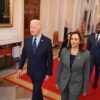 TOPSHOT - US President Joe Biden and US Vice President Kamala Harris walk to an event on gun violence in the East Room of the White House in Washington, DC on September 26, 2024. (Photo by SAUL LOEB / AFP) (Photo by SAUL LOEB/AFP via Getty Images)