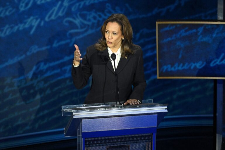 Vice President Kamala Harris speaking during her debate with former President Donald Trump on Sept. 10, 2024.