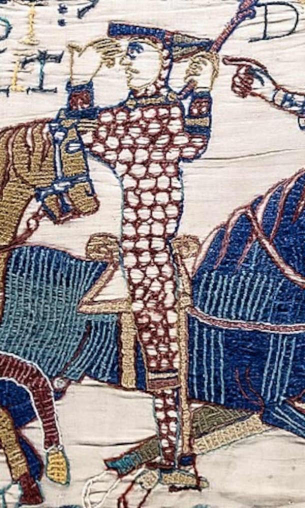 William is depicted in the Bayeux Tapestry during the Battle of Hastings, lifting his helmet to show that he is still alive. (Public Domain)