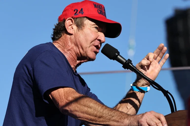 Actor Dennis Quaid speaks at a campaign rally for Republican presidential nominee, former U.S. President Donald Trump on October 12, 2024 in Coachella, California. With 24 days to go until election day, former President Donald Trump is detouring from swing states to hold the rally in Democratic presidential nominee, Vice President Kamala Harris' home state. (Photo by Mario Tama/Getty Images)