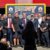 NEW YORK, NEW YORK - SEPTEMBER 11: Republican presidential nominee, former U.S. President Donald Trump and Republican vice presidential nominee, U.S. Sen. J.D. Vance (R-OH) visit with firefighters outside FDNY Engine 4/Tower Ladder 15 fire house in lower Manhattan on the 23rd anniversary of the 9/11 terror attacks on September 11, 2024, in New York City. The nation is marking the twenty-third anniversary of the attacks on September 11, 2001, that killed 2,977 people at the World Trade Center site, the Pentagon, and those aboard Flight 93 in Shanksville, PA. (Photo by Spencer Platt/Getty Images)