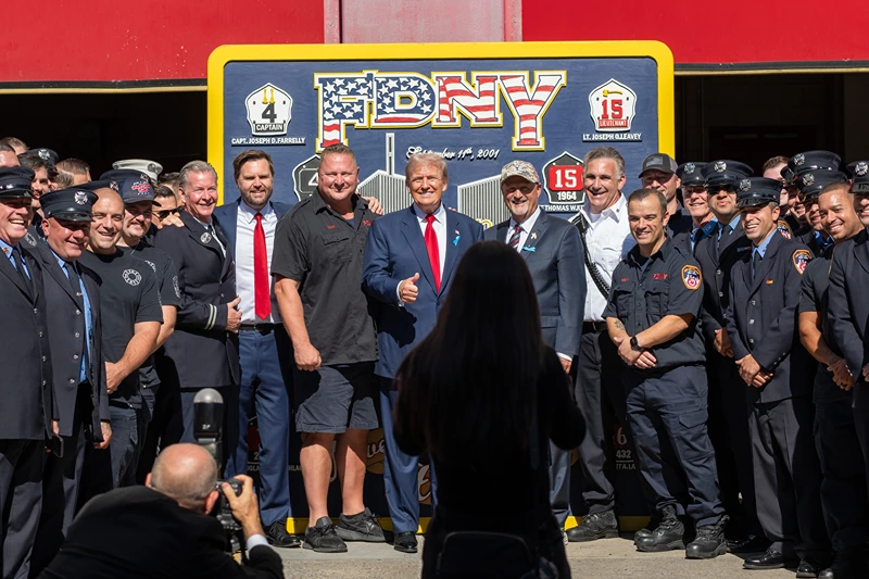 NEW YORK, NEW YORK - SEPTEMBER 11: Republican presidential nominee, former U.S. President Donald Trump and Republican vice presidential nominee, U.S. Sen. J.D. Vance (R-OH) visit with firefighters outside FDNY Engine 4/Tower Ladder 15 fire house in lower Manhattan on the 23rd anniversary of the 9/11 terror attacks on September 11, 2024, in New York City. The nation is marking the twenty-third anniversary of the attacks on September 11, 2001, that killed 2,977 people at the World Trade Center site, the Pentagon, and those aboard Flight 93 in Shanksville, PA. (Photo by Spencer Platt/Getty Images)