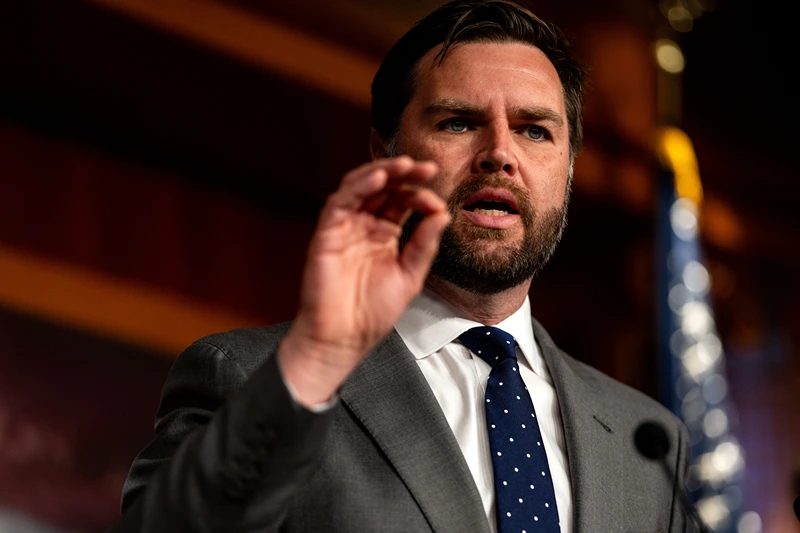 WASHINGTON, DC - MAY 22: Sen. JD Vance (R-OH) gestures while speaking during a news conference on Capitol Hill on May 22, 2024 in Washington, DC. Senate Democrats have revived the bipartisan border bill that was already blocked once earlier this year, and Republicans including Sen. James Lankford (R-OK), who negotiated the immigration package say they will block it again. (Photo by Kent Nishimura/Getty Images)