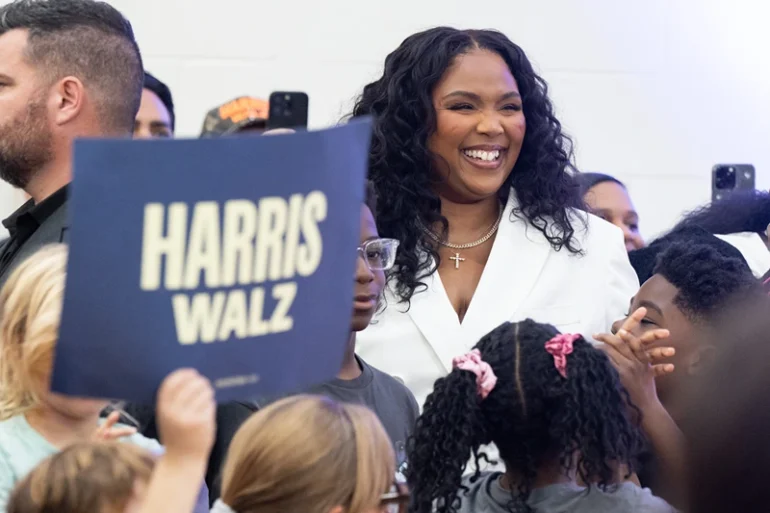 US singer Lizzo attends a get out the vote campaign rally with Vice President and Democratic presidential candidate Kamala Harris at Western International High School in Detroit, Michigan, October 19, 2024. (Photo by SAUL LOEB / AFP) (Photo by SAUL LOEB/AFP via Getty Images)