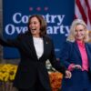 RIPON, WISCONSIN - OCTOBER 3: Vice President and Democratic Presidential nominee Kamala Harris walks out with former US representative Liz Cheney during a rally at Ripon College on October 3, 2024 in Ripon, Wisconsin. The rally comes a day after Harris visited Georgia to assess the aftermath of Hurricane Helene. (Photo by Jim Vondruska/Getty Images)