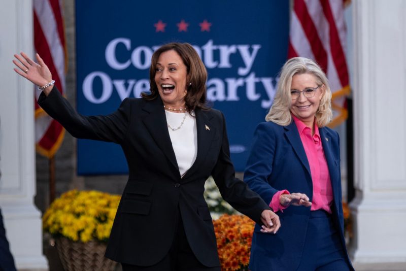 RIPON, WISCONSIN - OCTOBER 3: Vice President and Democratic Presidential nominee Kamala Harris walks out with former US representative Liz Cheney during a rally at Ripon College on October 3, 2024 in Ripon, Wisconsin. The rally comes a day after Harris visited Georgia to assess the aftermath of Hurricane Helene. (Photo by Jim Vondruska/Getty Images)