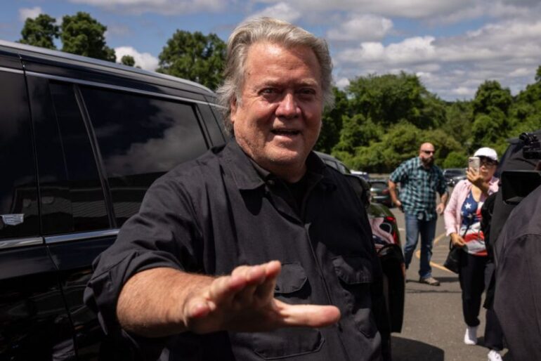 Former White House Chief Strategist Steve Bannon arrives at a press conference outside the federal correctional institution, on July 1, 2024 in Danbury, Connecticut. Former top Donald Trump advisor Steve Bannon is expected to report to prison by July 1 to begin serving his four-month sentence for contempt of Congress. (Photo by Yuki IWAMURA / AFP) (Photo by YUKI IWAMURA/AFP via Getty Images)