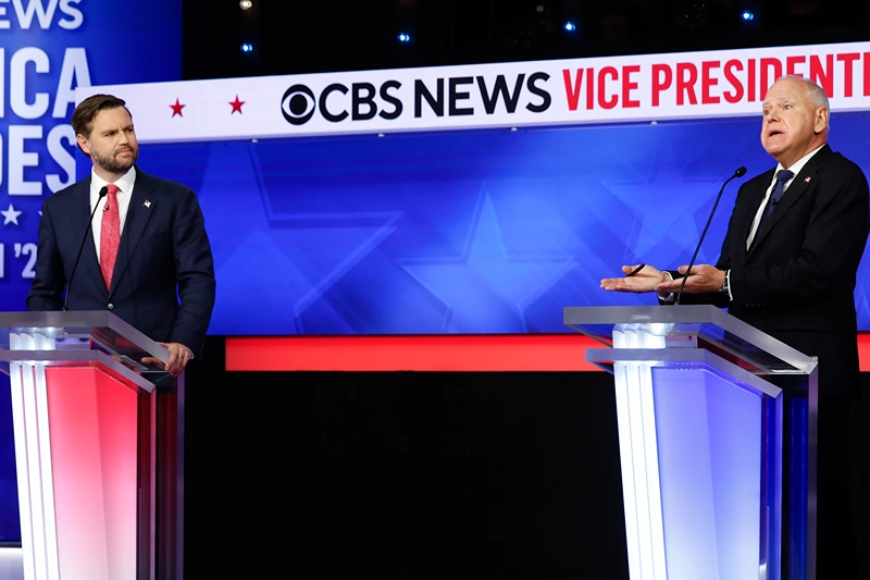 Republican vice presidential candidate, Sen. JD Vance (R-OH), and Democratic vice presidential candidate, Minnesota Gov. Tim Walz, participate in a debate at the CBS Broadcast Center on October 1, 2024 in New York City. This is expected to be the only vice presidential debate of the 2024 general election. (Photo by Chip Somodevilla/Getty Images)