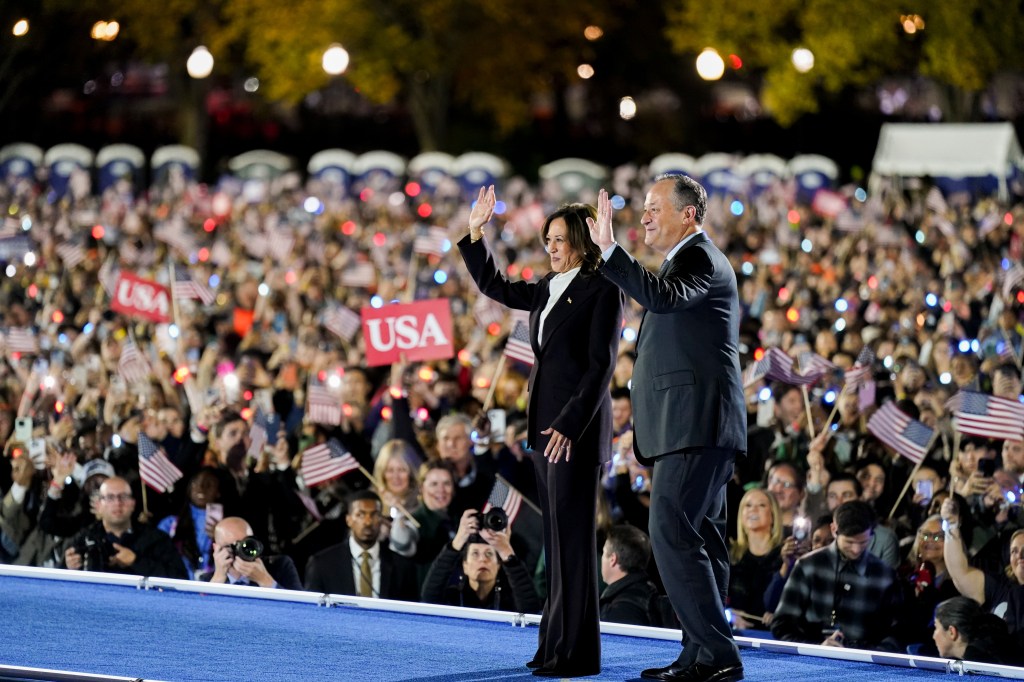 Harris, left, and Second Gentleman Doug Emhoff during a campaign event on the Ellipse of the White House in Washington, DC, US, on Tuesday, Oct. 29, 2024.