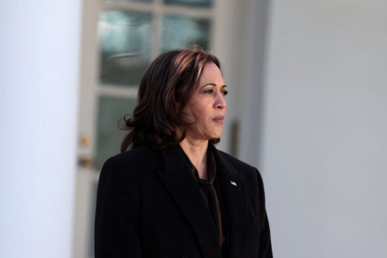 WASHINGTON, DC - MARCH 29: U.S. Vice President Kamala Harris listens as U.S. President Joe Biden delivers remarks after signing H.R. 55, the “Emmett Till Antilynching Act” in the Rose Garden of the White House on March 29, 2022 in Washington, DC. The bipartisan legislation labels lynching a federal hate crime. (Photo by Anna Moneymaker/Getty Images)