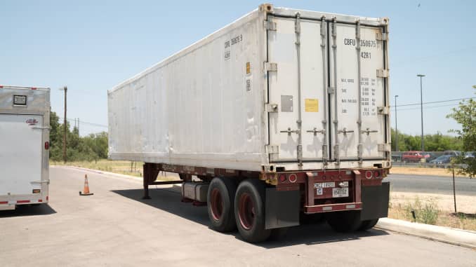 A refrigerated trailer that the San Antonio health authorities acquired to store bodies, as morgues at hospitals and funeral homes reach their capacity with the coronavirus disease (COVID-19) fatalities, is seen in Bexar County, Texas, July 15, 2020.