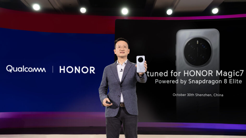 Honor CMO Ray Guo announcing the Honor Magic 7 Pro on stage at Snapdragon Summit