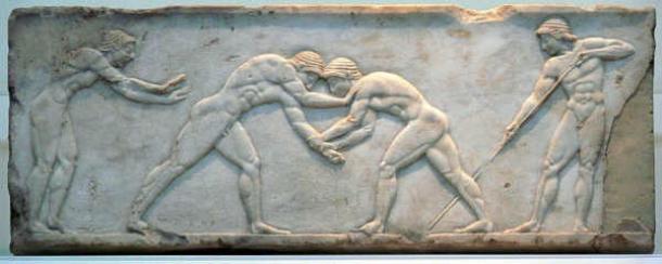 Image of ancient wrestlers engaged in an Olympic-style contest. (Fingalo/CC-BY-SA-2.0 DE)