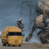 A van drives along a highway while a giant destroyed robot decays next to it in The Electric State movie