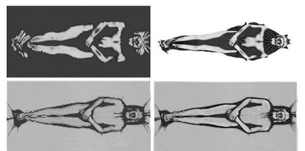 Stains printed from a human body would appear 'swollen and distorted' (top), rather than an image that 'resembles a photocopy' (bottom)