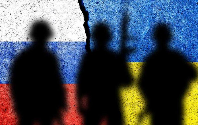 Silhouetted soldiers with Russian and Ukrainian flag backgrounds.