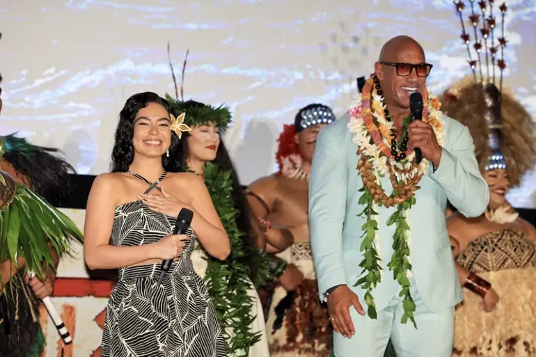 Actors Auli'i Cravalho and Dwayne Johnson attend the premiere of Disney Animation's film Moana 2 in Kapolei, Hawaii, U.S. November 21, 2024. REUTERS/Marco Garcia