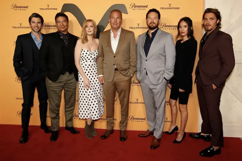 Cast members (L-R) Wes Bentley, Gil Birmingham, Kelly Reilly, Kevin Costner, Cole Hauser, Kelsey Asbille and Luke Grimes pose at a premiere party for season 2 of the television series "Yellowstone" in Los Angeles, California, U.S., May 30, 2019. REUTERS/Mario Anzuoni/File Photo