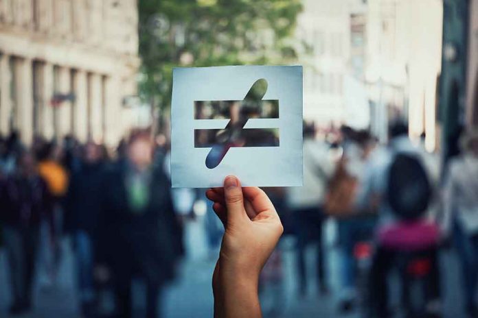 Hand holding a paper with inequality symbol.