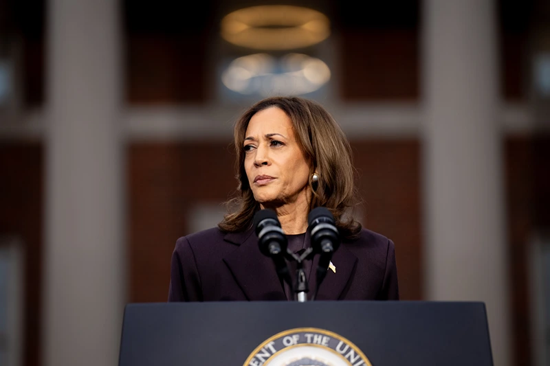 WASHINGTON, DC - NOVEMBER 06: Democratic presidential nominee, U.S. Vice President Kamala Harris pauses while speaking on stage as she concedes the election, at Howard University on November 06, 2024 in Washington, DC. After a contentious campaign focused on key battleground states, the Republican presidential nominee, former U.S. President Donald Trump was projected to secure the majority of electoral votes, giving him a second term as U.S. President. Republicans also secured control of the Senate for the first time in four years. (Photo by Andrew Harnik/Getty Images)