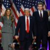 WEST PALM BEACH, FLORIDA - NOVEMBER 06: Republican presidential nominee, former U.S. President Donald Trump arrives to speak with former first lady Melania Trump and Barron Trump during an election night event at the Palm Beach Convention Center on November 06, 2024 in West Palm Beach, Florida. Americans cast their ballots today in the presidential race between Republican nominee former President Donald Trump and Vice President Kamala Harris, as well as multiple state elections that will determine the balance of power in Congress. (Photo by Joe Raedle/Getty Images)