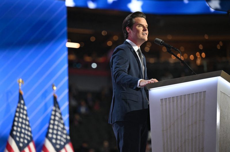 US Representative from Florida Matt Gaetz speaks during the third day of the 2024 Republican National Convention at the Fiserv Forum in Milwaukee, Wisconsin, on July 17, 2024. Days after he survived an assassination attempt Donald Trump won formal nomination as the Republican presidential candidate and picked Ohio US Senator J.D. Vance for running mate. (Photo by Patrick T. Fallon / AFP) (Photo by PATRICK T. FALLON/AFP via Getty Images)