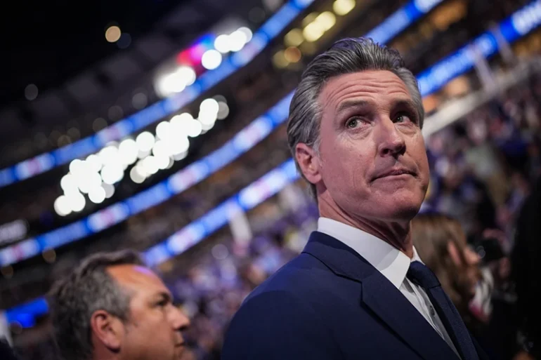 CHICAGO, ILLINOIS - AUGUST 20: California Gov. Gavin Newsom looks on during the second day of the Democratic National Convention at the United Center on August 20, 2024 in Chicago, Illinois. Delegates, politicians, and Democratic Party supporters are gathering in Chicago, as current Vice President Kamala Harris is named her party's presidential nominee. The DNC takes place from August 19-22. (Photo by Andrew Harnik/Getty Images)